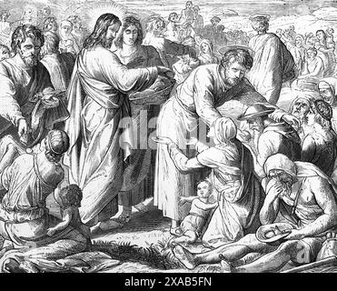 Wood Engraving of Jesus Christ and his Apostles Feeding the Multitude from Painting by Schnorr in Antique 19th Century Illustrated Family Bible Stock Photo