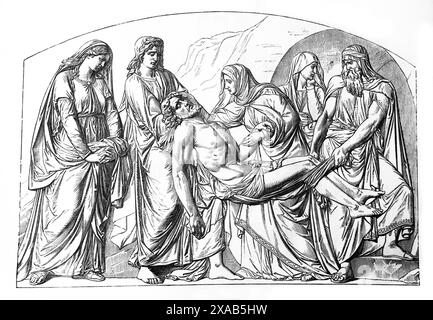 Wood Engraving of the Entombment of Jesus Christ After the Crucifixion from Antique 19th Century Illustrated Family Bible Stock Photo