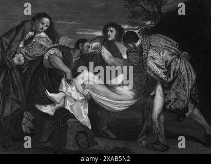 Wood Engraving of the Entombment of Jesus Christ After the Crucifixion from Antique 19th Century Illustrated Family Bible Stock Photo