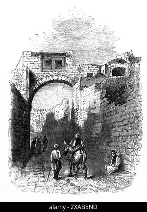 Wood Engraving of the Via Dolorosa - The Dolorous Way in Old City of Jerusalem Believed to be the Path Jesus Christ took on the way to his Crucifixi Stock Photo