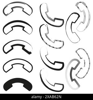 Telephone receiver icons. Grunge black outlines. Varied styles. Vector illustration. Stock Vector