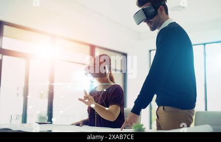 Man, woman and vr in office with holographic overlay, lines or teamwork for futuristic iot in collaboration. People, augmented reality and glasses for Stock Photo