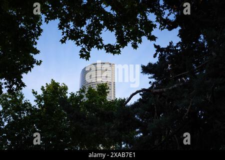 View of a modern office building in the financial center of Madrid surrounded by nature. concept of sustainable growth, sustainability and decarboniza Stock Photo