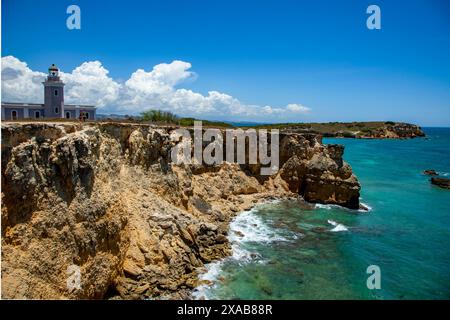 Cabo Rojo's rocky shoreline in Puerto Rico's aqua blue crystal clear atlantic ocean shoreline. Stock Photo