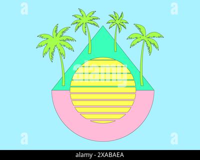 Sun palms and trugonics in 3D. Surreal composition with retro suns in the style of the 80s and palm trees with a black outline, a triangle in section. Stock Vector