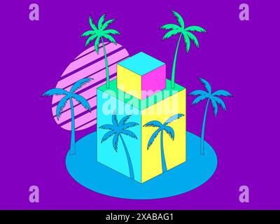 Palm trees and sunsets with cubes in the style of cubism and minimalism. 3D cubes and palm trees at sunset in isometric style. Design for t-shirts, in Stock Vector