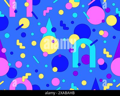 Memphis geometric seamless pattern with 3D shapes in 80s and 90s style. Isometric geometric 3D shapes. Colorful geometric background design for wrappe Stock Vector