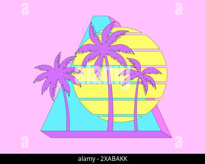 3d triangle with palm trees at sunset in 80s style. Retro futuristic sunset with palm trees in synthwave and retrowave style. Design for printed, bann Stock Vector