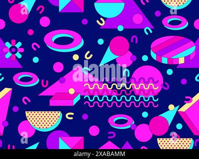Memphis geometric seamless pattern with 3D shapes in 80s and 90s style. Isometric geometric 3D shapes. Colorful geometric background design for wrappe Stock Vector