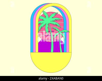 Arch overlooking palm trees and sun in retro style. A surreal composition of tropical palm trees and the sun in the style of the 80s with a black outl Stock Vector
