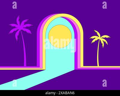 Isometric arch with palm trees on the sides and a view of the sun in a minimalist style. Surreal composition, light from the arch. Design for banners, Stock Vector