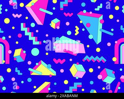 Memphis geometric seamless pattern with 3D shapes in 80s and 90s style. Isometric geometric 3D shapes. Colorful geometric background design for wrappe Stock Vector