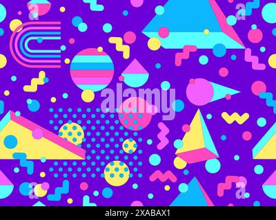 Memphis geometric seamless pattern with 3D shapes in 80s and 90s style. Isometric geometric 3D shapes. Colorful geometric background design for wrappe Stock Vector