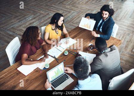 Graphs, documents or business people in meeting, discussion or collaboration for data analytics growth. Paperwork, top view or financial analyst Stock Photo