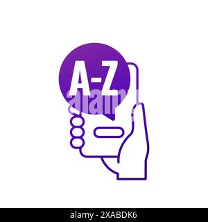 dictionary mobile app icon with a phone in hand Stock Vector