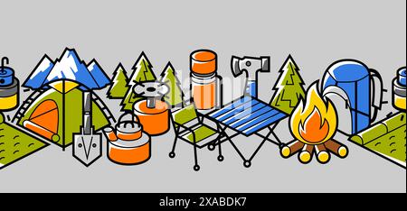Travel camping pattern. Tourist equipment for survival in outdoor. Stock Vector