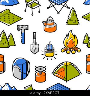 Travel camping pattern. Tourist equipment for survival in outdoor. Stock Vector