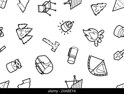 Travel camping pattern. Tourist equipment for survival in outdoor. Stock Vector