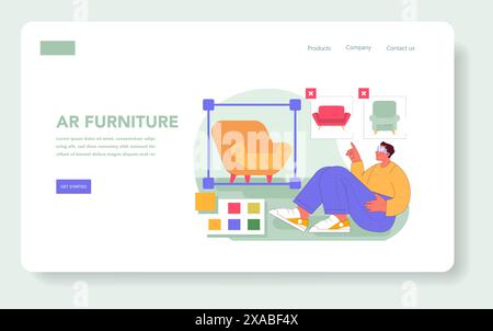 Immersive marketing concept. A person interacts with virtual furniture on a digital device, envisioning home decor. Online shopping experience using AR technology. Vector illustration. Stock Vector