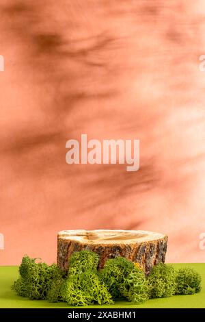 Wooden saw cut, round podium with green moss on a dark orange background. Still life for the presentation of products. Nature-inspired graphic design. Stock Photo
