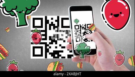 Image of qr code, smartphone and food icons Stock Photo