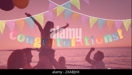 Image of congratulation text and bunting over friends having fun at beach party on pink Stock Photo