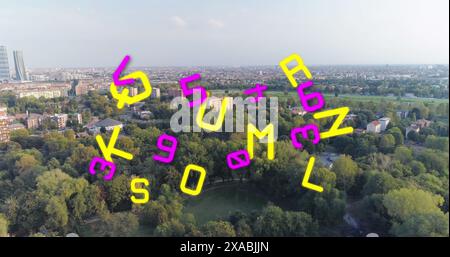 Image of falling numbers and letters over cityscape Stock Photo