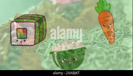 Image of illustration with vegetables and sushi over fresh food Stock Photo