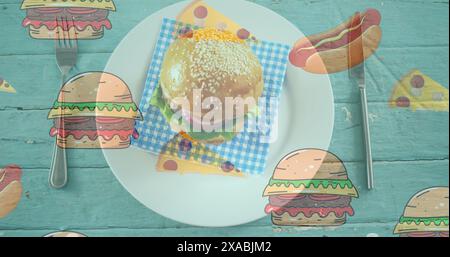 Image of illustration with hot dogs and hamburgers over hamburger on plate Stock Photo