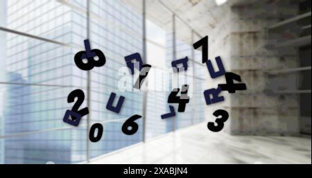Image of falling numbers over office Stock Photo