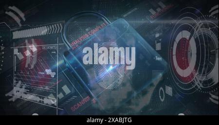 Image of charts, processor and online security padlock on dark background Stock Photo