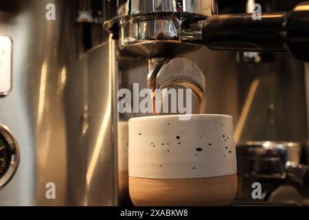Espresso Coffee Extraction from a Professional Coffee Machine,  Close Up of a Coffee Drop from the Coffee Machine Stock Photo