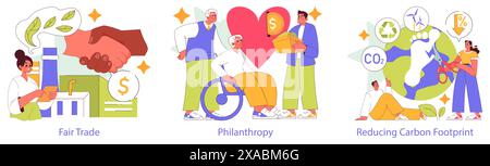 Social Responsibility set. Ethical trade, charitable giving, and sustainable living practices. Encouraging eco-conscious choices and community support. Vector illustration. Stock Vector