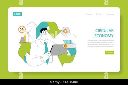 Circular Economy concept Optimizing resource use and reducing emissions, illustrated by a professional with sustainable energy symbols Environmental innovation in business Vector illustration Stock Vector