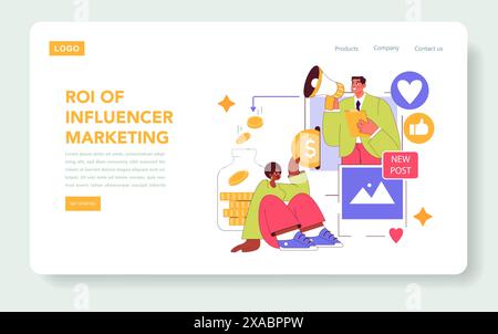 Influencer Marketing concept. An illustration showing influencer engaging audience, driving brand's ROI through social media. Vector illustration. Stock Vector