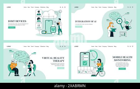 Digital Health Innovations set. Depicting IoMT devices, AI integration, virtual reality therapy, and mobile health monitoring. Outlines medical tech enhancements. Vector illustration. Stock Vector