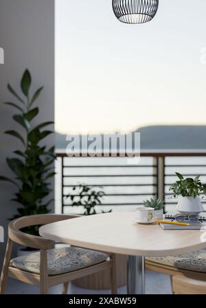A wooden table with armchairs on a balcony with decorative plants and a beautiful nature view. 3d render, 3d illustration Stock Photo