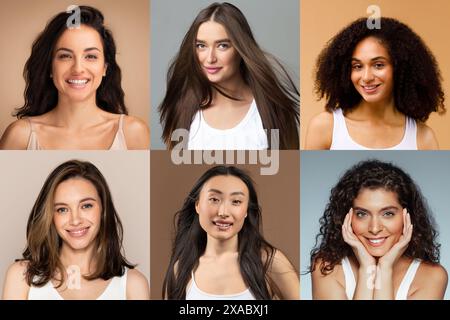 This image shows six different multiethnic women, all smiling at the camera. Each woman has different hair styles and skin tones, but they are all bea Stock Photo