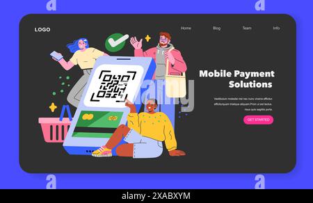 Retail Technology concept. Diverse people engaging with modern mobile payment solutions, with QR code and smartphone. Digital transaction ease. Vector illustration. Stock Vector