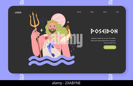 Ancient Greek Gods concept. Modern depiction of Poseidon with his trident, marine creatures, and celestial elements. Greek mythology, ocean deity. Vector illustration. Stock Vector