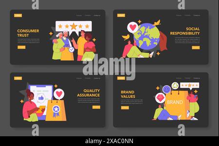 Brand Authenticity set illustrates building trust, social responsibility, quality assurance, and core values with engaging web interface scenes. Flat style vector illustration. Stock Vector