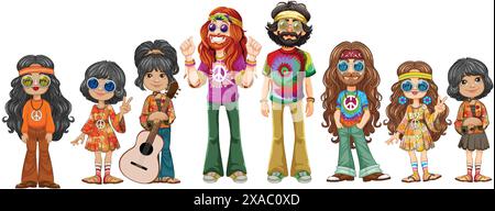 A vibrant group of hippie characters Stock Vector