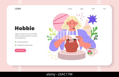 Pottery workshop concept. Creative hobby illustration capturing the joy of ceramics with a woman shaping clay on a potter's wheel. Vector illustration. Stock Vector