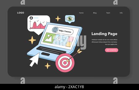 Laptop showcases vibrant landing page, drawing the visitor's eye with charts and user metrics, aiming for a precise target. Flat vector illustration Stock Vector