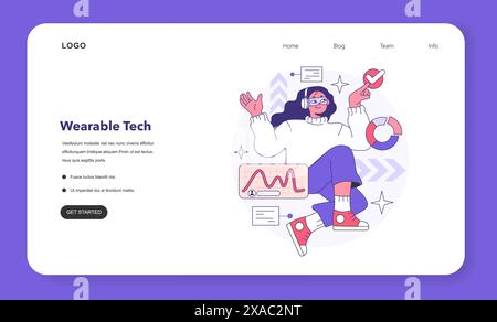 Wearable technology web banner or landing page. Smart device. Character using electronic device to monitor, analyze and transmit personal data. Smartglasses. Flat vector illustration Stock Vector