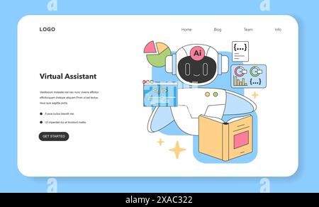 AI-powered virtual assistant analyses data and codes. Active in programming tasks, exploring charts, and reading materials. Skillful in multitasking ensuring seamless workflow. vector illustration. Stock Vector