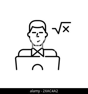 Young man at laptop and square root. Digital math learning integration. Engineering, computer science student icon Stock Vector