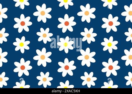 Bright and cheerful seamless daisy pattern in Memphis style, perfect for fabric, wallpaper, and digital design. Blue background. Stock Vector