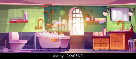 Bath room interior with bathtub and toilet bowl, cabinet and mirror, cleaning products and towels. Cartoon vector shower space with window and carpet on floor. Hygiene, health and body care concept. Stock Vector