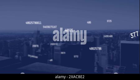 Image of falling numbers over cityscape Stock Photo